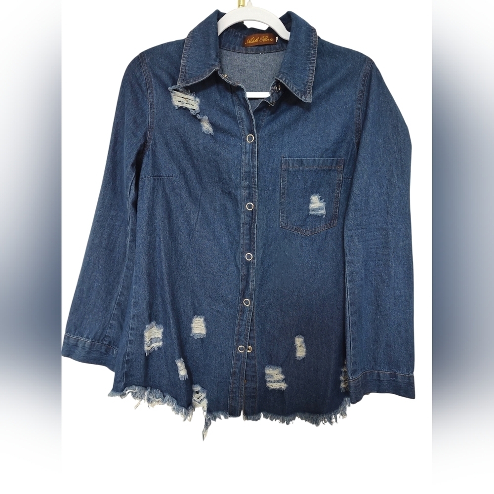 NWOT Adele Berto Distressed Denim Button-Up Shirt, M